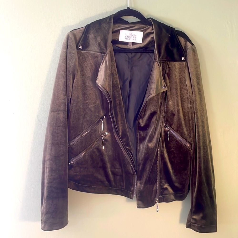 Belle Badgley Mischka dark olive green velvet-feel jacket
